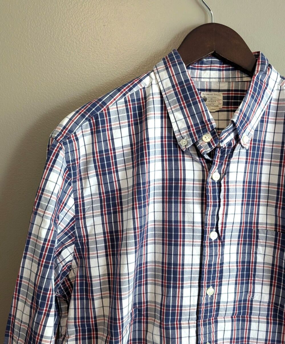 J Crew Mens Large Red Plaid Sunwashed Oxford Shirt Button Down Cotton OCBD Ivy